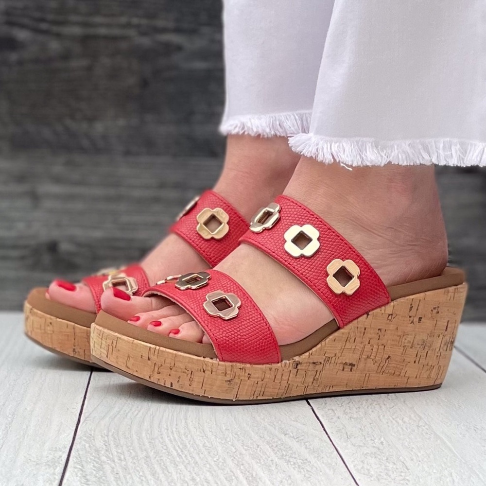 Corkys Footwear Hi Tide Wedge Sandal in Red with Gold Floral Rivets - Picture 4 of 7